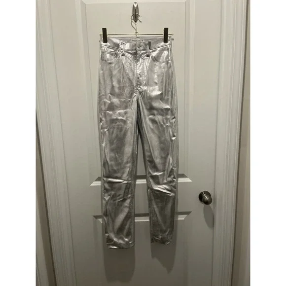 Abercrombie & Fitch Ultra High Rise 90s Straight Silver Vegan Leather Pants - Picture 4 of 9